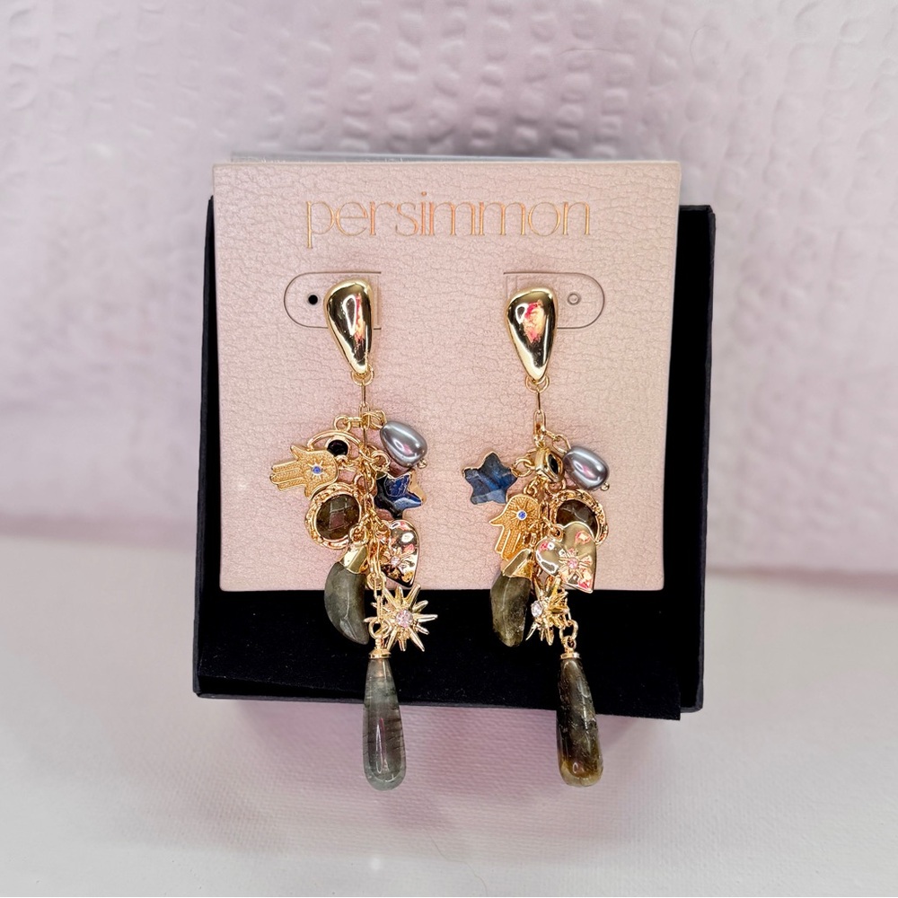 Persimmon Celestial Evil Eye Gemstone Charm Drop Statement Earrings NWT